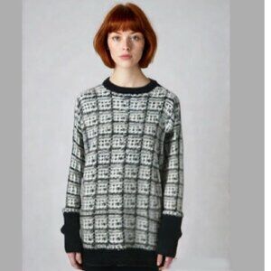 WOOL Knit White Black Tweed Crew Neck Sweater